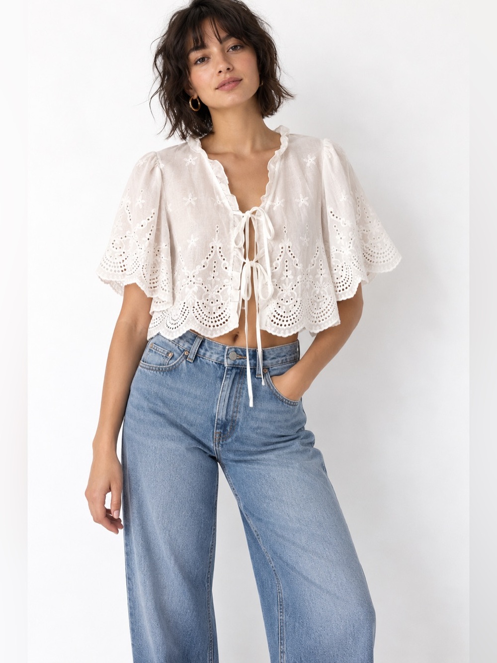 White Eyelet Embroidered Cropped Tie Front Blouse Puff Sleeves Boho
